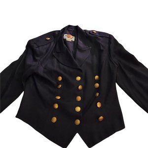 Dark Navy Pants Suit with Tapered Military Style Jacket and goldtone buttons